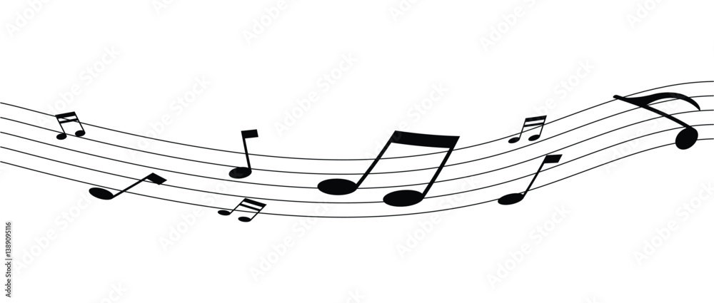 Vector musical melody with floating notes on staff lines. Elegant music score illustration for banners, posters, greeting cards, backgrounds, and creative projects in eps 10. Vector musical melody with floating notes on staff lines. Elegant music score illustration for banners, posters, greeting cards, backgrounds, and creative projects in eps 10.