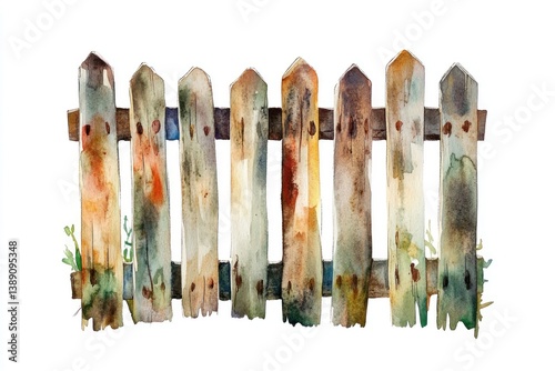 A Watercolor Painting Depicting a Rustic Wooden Picket Fence photo