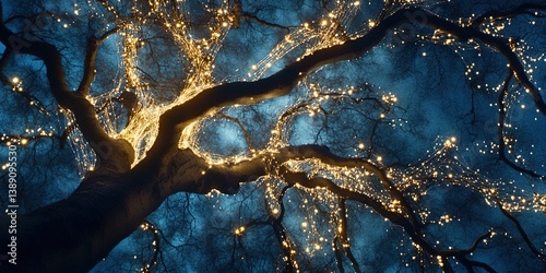 Deconstructed Rocket: Data Tree Structure with Translucent Leaf Fragments. Fiber Optic Mycelium Network at Roots. Midnight Blue Background with Film Grain Texture. AI-Generated Abstract Design for Mar