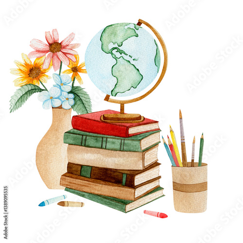 Fototapeta Naklejka Na Ścianę i Meble -  Watercolor illustration of a school scene with stacked books and globe, vase with flowers, stationery holder, and crayons. Soft pastel style, perfect for education-themed projects and decor.
