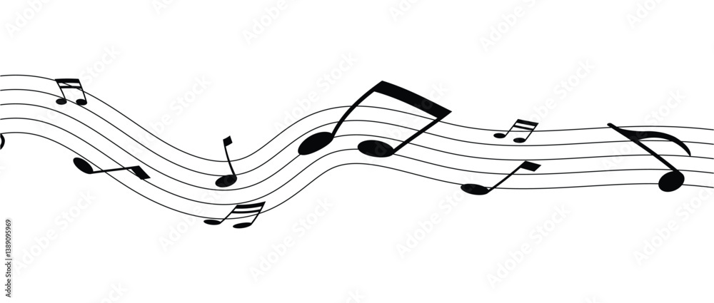 Vector musical melody with floating notes on staff lines. Elegant music score illustration for banners, posters, greeting cards, backgrounds, and creative projects in eps 10. Vector musical melody with floating notes on staff lines. Elegant music score illustration for banners, posters, greeting cards, backgrounds, and creative projects in eps 10.