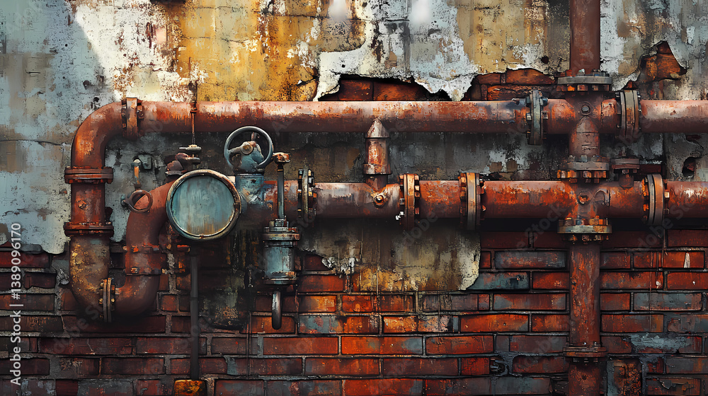 A weathered brick wall, adorned with a tapestry of aged pipes and fittings, whispering tales of a forgotten industrial past. Forgotten Tapestry. Illustration A weathered brick wall, adorned with a tapestry of aged pipes and fittings, whispering tales of a forgotten industrial past. Forgotten Tapestry. Illustration