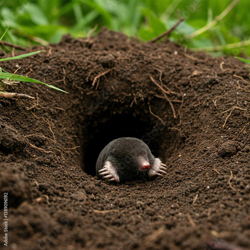 Close-up portrait of a mole in a hole in the underground