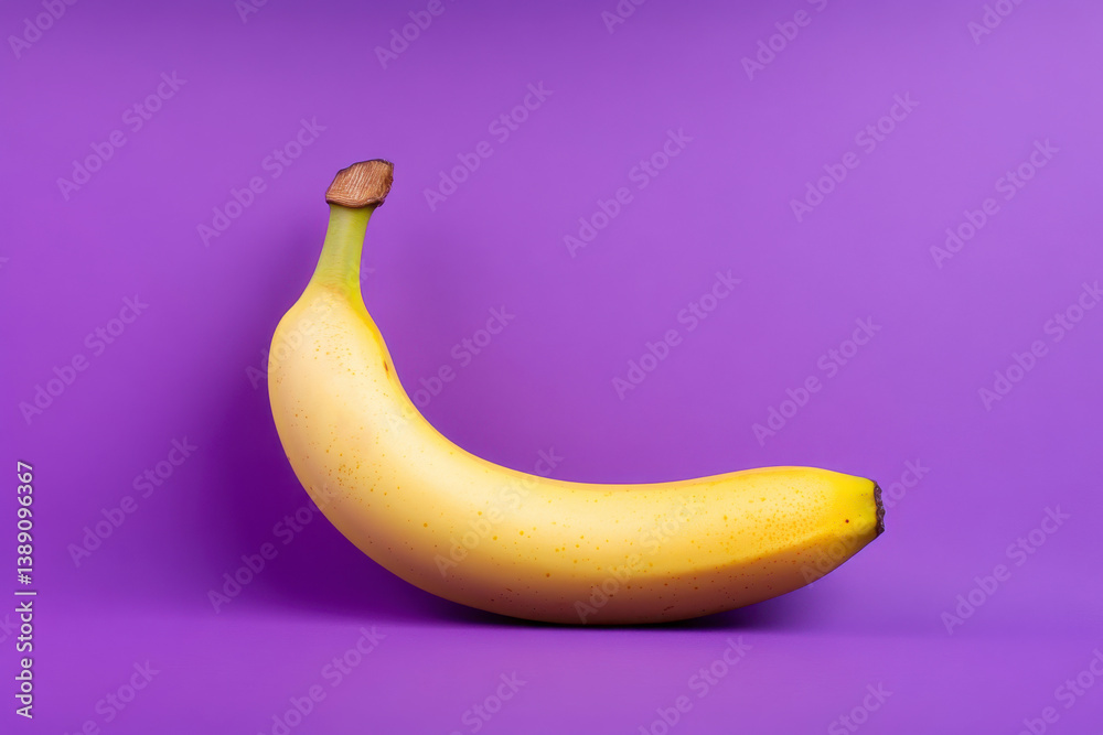 A banana is sitting on a purple background. The banana is yellow and has a stem. The purple background gives the image a calm and peaceful mood A banana is sitting on a purple background. The banana is yellow and has a stem. The purple background gives the image a calm and peaceful mood