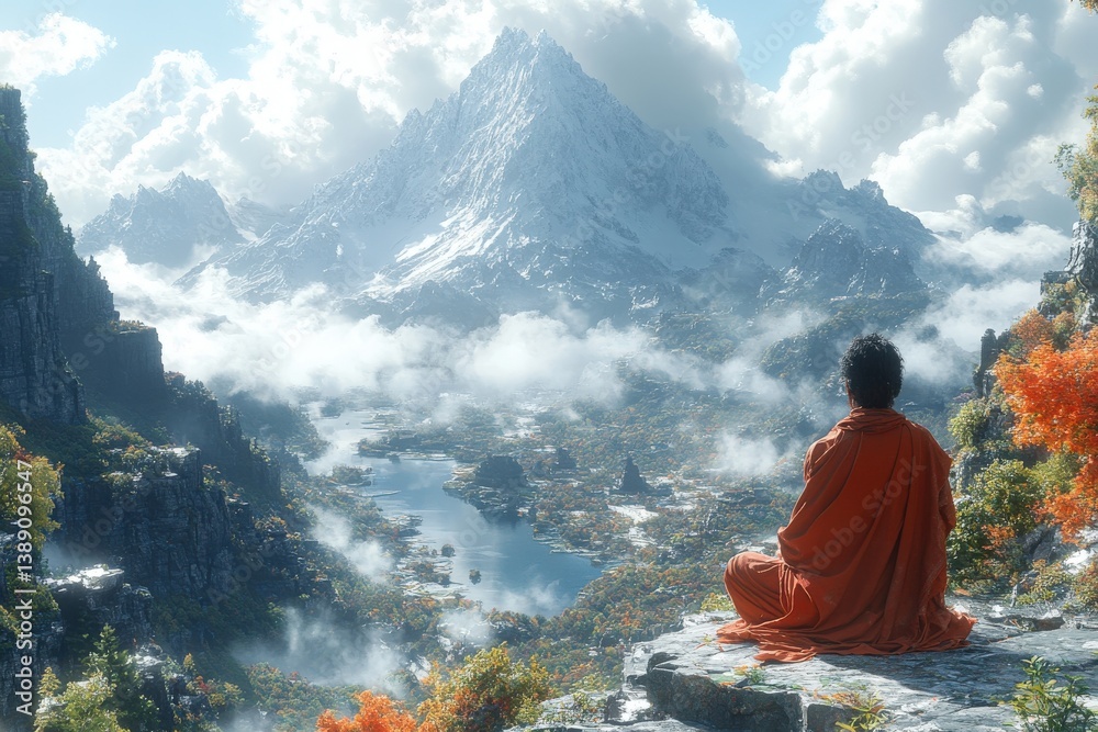 Fototapeta premium Monk Meditates Mountaintop View.