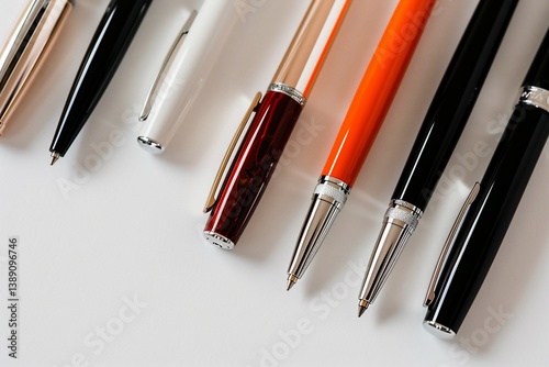 Assorted writing instruments in various colors and materials.  Close-up view of ballpoint pens, rollerballs, and possibly gel pens