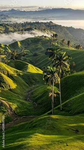 Lush green hills and palm trees basking in soft morning light in Colombia's coffee region