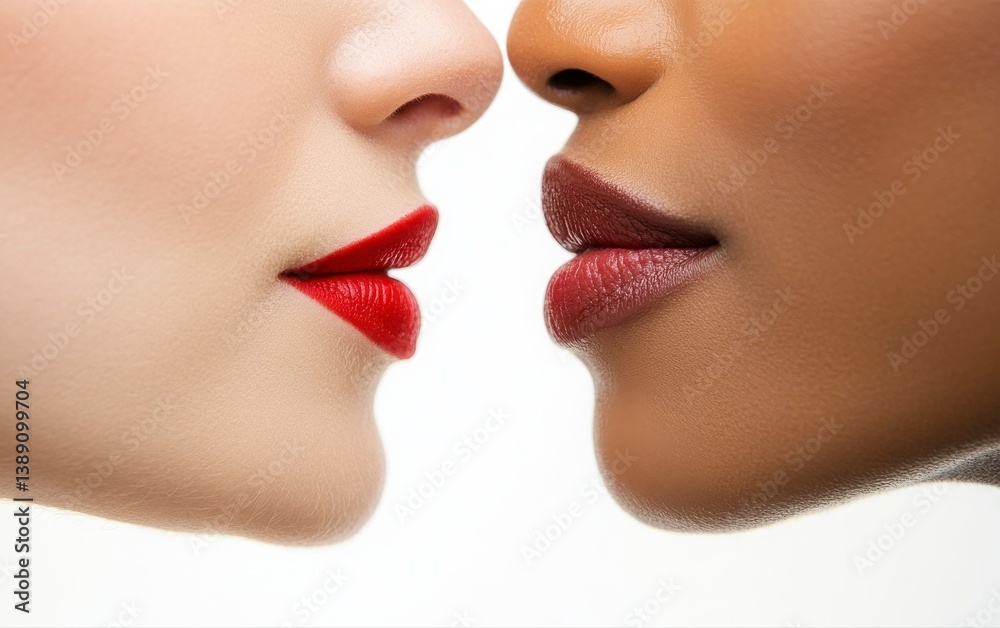 Obraz premium Two women with different colored lips. One has red lips and the other has brown lips. The image is of a close up of the women's faces