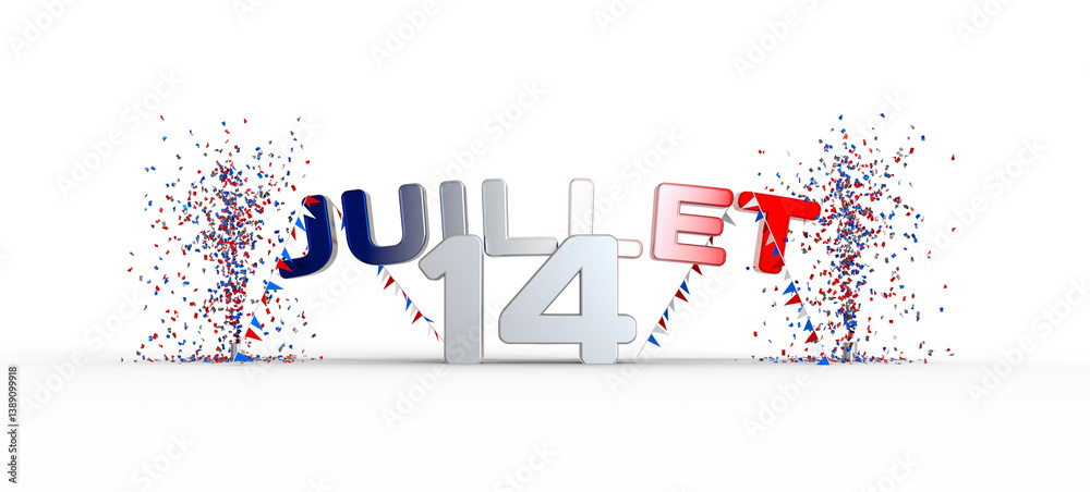 Obraz premium titre 14 juillet, texte 3D avec confettis et banderole tricolore pour affiche ou bannière web - rendu 3D - fond transparent