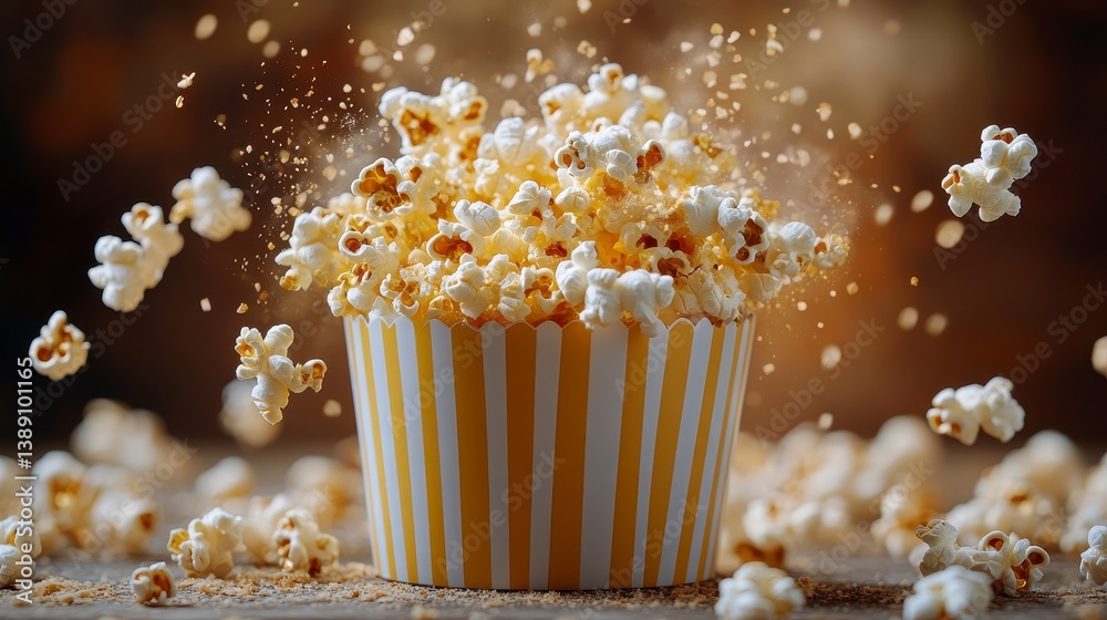 Popcorn explosion! Striped container overflowing with snacks on wooden surface Popcorn explosion! Striped container overflowing with snacks on wooden surface