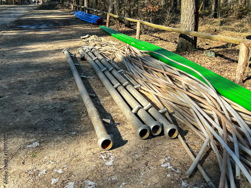 Pipes and equipment used to build a sanitary sewage system stored at the construction site