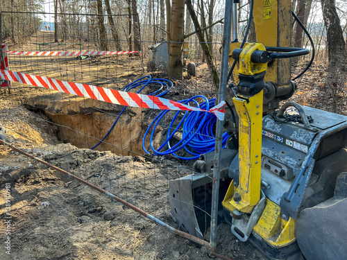 Pipes and equipment used to build a sanitary sewage system stored at the construction site