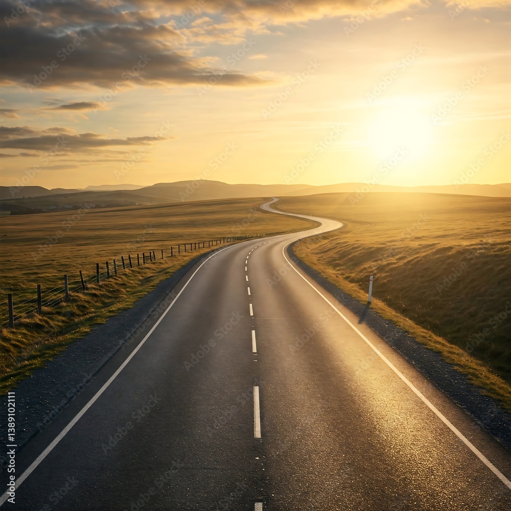 Fototapeta premium Winding road vanishing into a bright, distant horizon