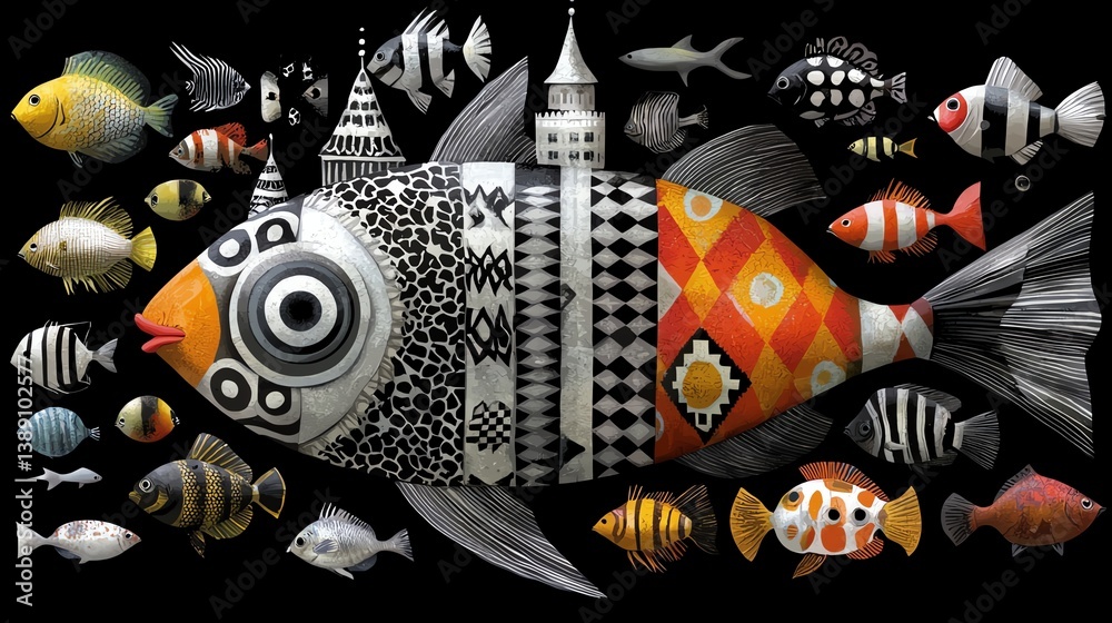 Fototapeta premium underwater castle, mixed media illustration, chaotic and expressive