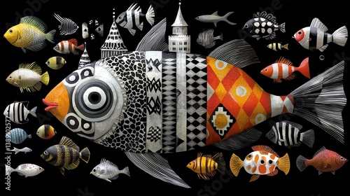 underwater castle, mixed media illustration, chaotic and expressive