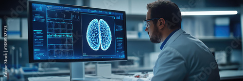 Medical researcher analyzing futuristic brain scan data on a high-tech screen,neuroscience innovation,artificial intelligence in healthcare,neurological diagnostics,brain activity visualization.banner