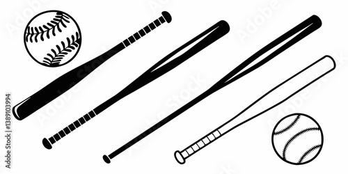 Black and White Vector Clipart Baseball Bats and Balls Line Art Sport Graphic Different Styles