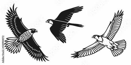 Vintage Black and White Woodcut Flying Falcons Birds of Prey Illustration