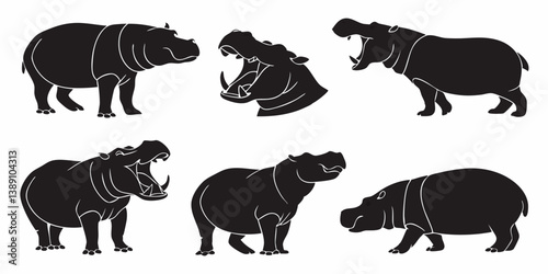 Black and White Hippo Silhouettes Vector Graphics African Hippopotamus Wildlife Illustrations Animal Mammal Design Elements Various Poses