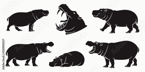 Hippopotamus Silhouettes Vector: Black and White Graphic of Hippos in Various Poses - Standing Walking Sleeping Open Mouth Illustration Wildlife Animal
