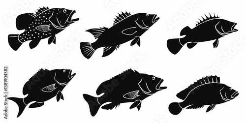 Spotted and Spiky Black Fish Silhouettes Graphic Illustration Set of Marine Animals