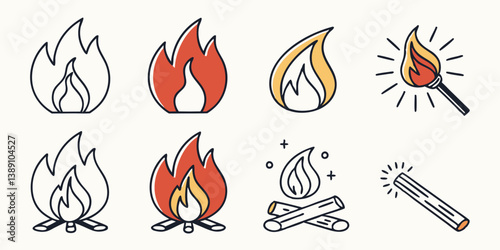 Cartoon Fire Flame Campfire Matchstick Burning Wood Icons Vector Set