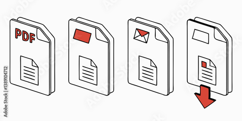 PDF Document File Icons Set Download File Formats Isometric Line Art Vector Illustration
