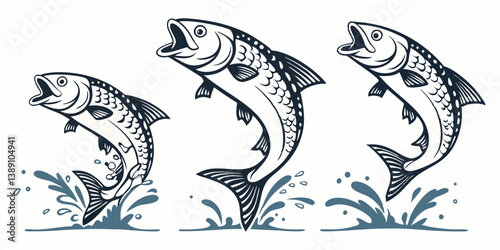 Jumping Fish Vector Illustration - Three Leaping Fish Line Art - Black and White Graphic