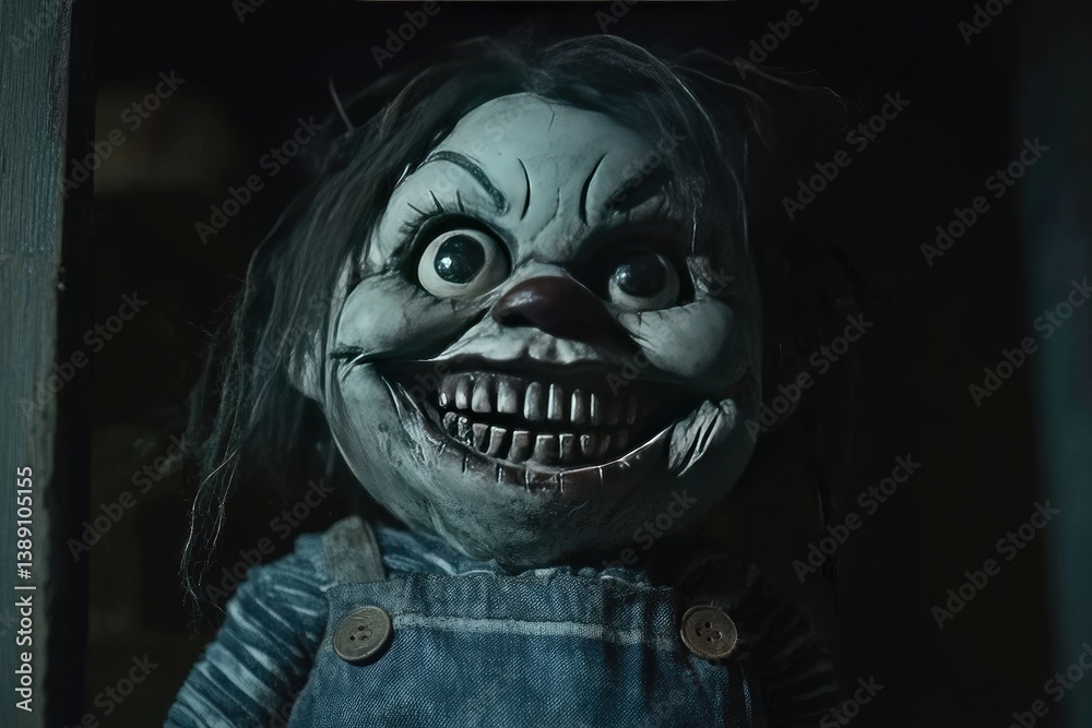 A doll with human like teeth grinning from the darkness