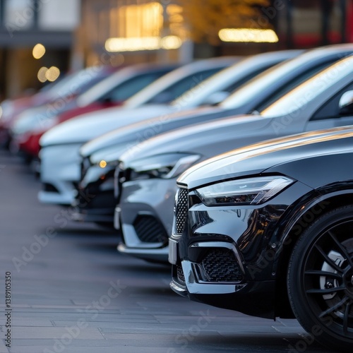 Clean lineup of parked cars outside auto showroom