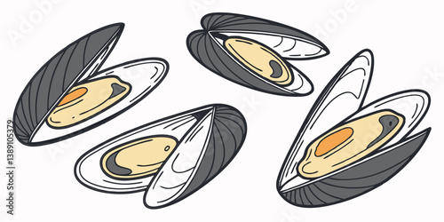 Gourmet Open Mussels Seafood Clams Vector Art Illustration
