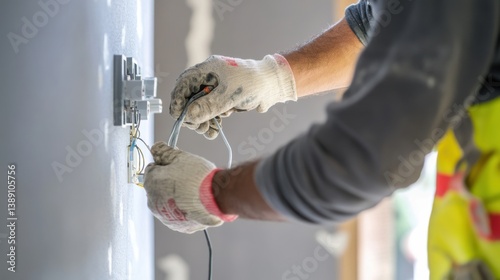 A Hispanic construction worker installing electrical outlets. Featuring precision and expertise photo