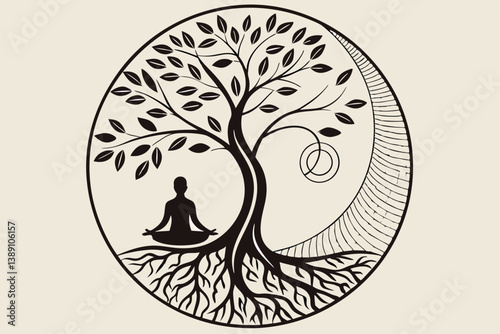 70 Silhouette of meditating figure, tree branches growing from head, roots extending below, zen illustration, symmetrical design, black and beige color scheme, spiritual artwork, mindfulness concept, 