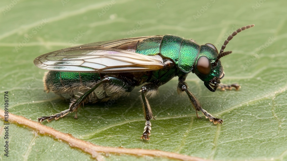 Fototapeta premium Detailed Close-Up of a Vibrant Emerald Green Insect on a Leaf Surface