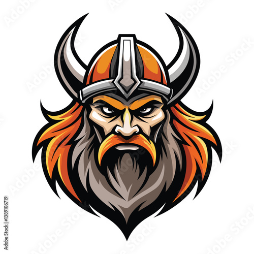 A cartoon illustration of a Viking warriors head wearing a horned helmet with a serious expression.