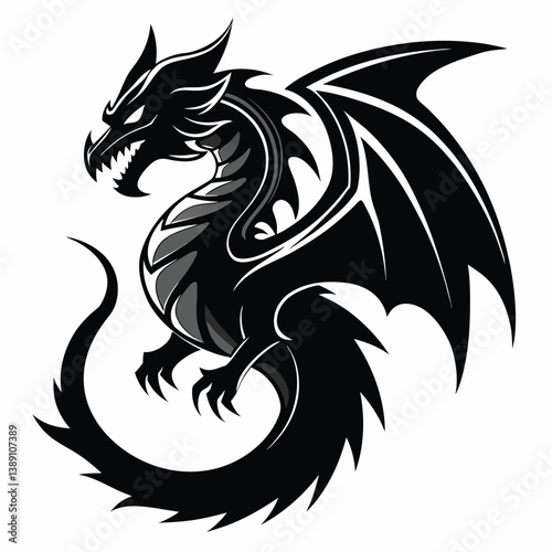 A black and white illustration of a dragon tattoo design. The dragon is shown in profile, with its wings spread and its tail curled. The dragon has a fierce expression and sharp claws.