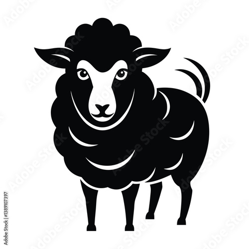 A black and white silhouette of a sheep standing on a white background. The sheep is facing the viewer with its head slightly tilted.