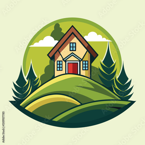 A cartoon illustration of a small house with a red door situated on a green hilltop. The house is surrounded by trees, and the sky has white clouds.