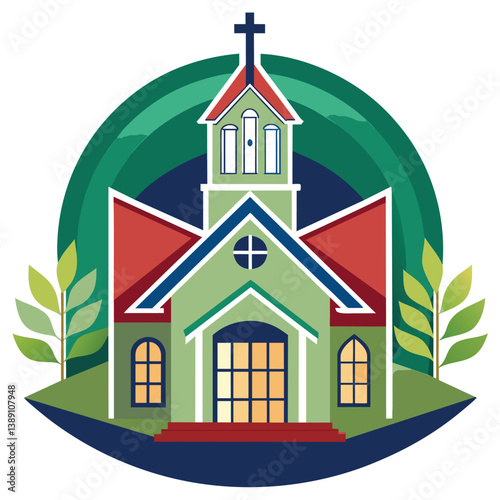 Illustration of a church with a green exterior, red roof, and a cross on top. The church is situated in front of green hills and surrounded by plants.