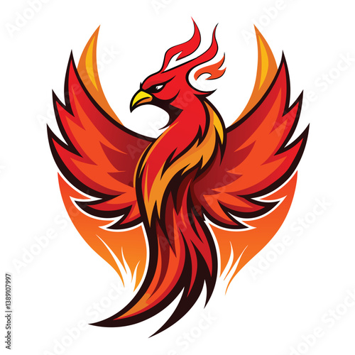 A red phoenix bird with wings spread, flames in its hair, and a fiery background.