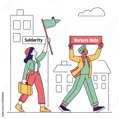 Unity March: Two individuals march in solidarity, brandishing banners of "Workers Unite" and "Solidarity," as a symbol of collective action for progress and a better future. 