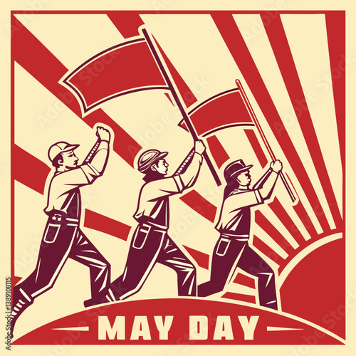 May Day Celebration: A stylized representation of May Day festivities, featuring workers marching and waving flags against a backdrop of vibrant rays and a rising sun.