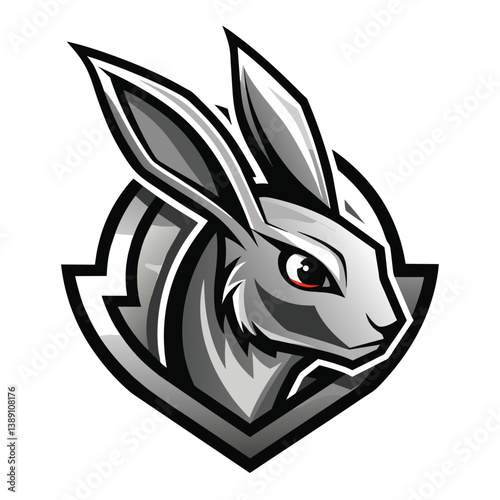 A digital illustration depicting a gray rabbit mascot logo design with red eyes and sharp features. The rabbit is positioned inside a stylized shield with a black outline.