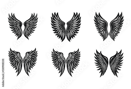 Moody Black Angel Wings Vector Graphics – Elegant gothic vector set designed for fantasy projects, tattoos, dark-themed branding, or fashion.