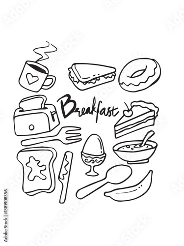 Breakfast doodles set, popular breakfast food and some utensils, drinks and food items for morning meal
