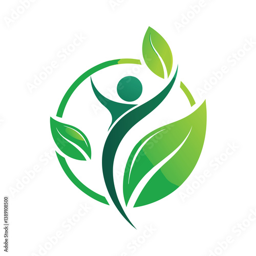 A simple, yet impactful logo depicting a person with their arms raised in celebration, surrounded by green leaves within a circular frame.