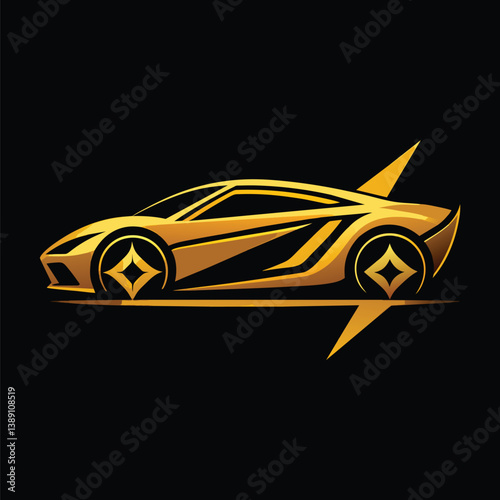 A stylized silhouette of a golden sports car with a lightning bolt behind it, set against a black background.