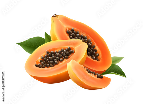 Fresh ripe papaya with slices, tropical fruit on transparent background ideal for packaging, culinary, or health concepts