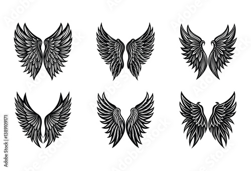 Fantasy Black Angel Wings Vector Design Set – Features hand-drawn and vectorized wing designs for your gothic, celestial, or dark-themed projects.