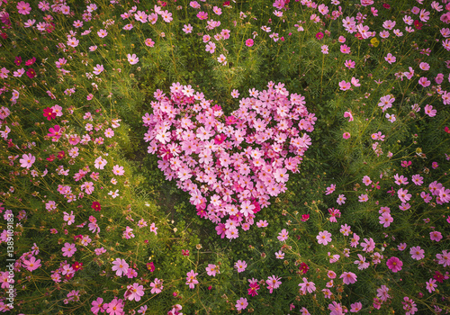 Heart-Shaped Cosmos Flower Patch in Full Bloom – ハート型に咲く満開のコスモス畑